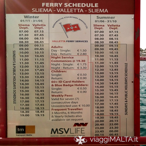 Insegna con gli orari del ferry tra Valletta e Sliema