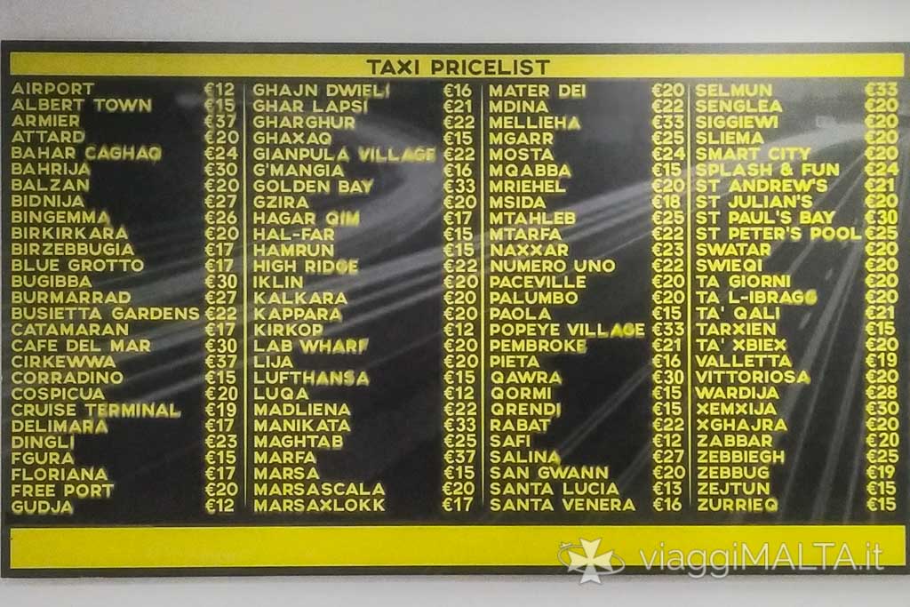 tariffe delle corse dei taxi dall'aeroporto di Malta