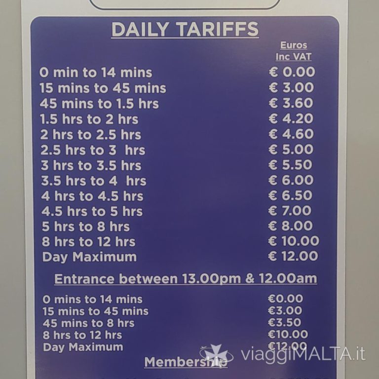 Listino tariffe del parcheggio a pagamento MCP a Valletta